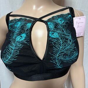 Sheer black bra size XXL teal embroidery feathers